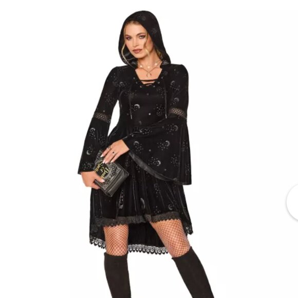 Plus Size 2X Coven Black Velvet Hooded Dress Spirit Stars Moon Celestial Witch - Picture 10 of 14